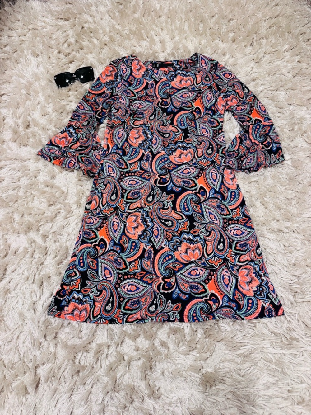 ✨Brand New Leslie Fay Coral and Navy Paisley Long-Sleeve Fit-and-Flare Dress 👗 ✨